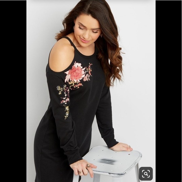 Maurice Cold Shoulder Floral Embroidered Black Dress - Picture 4 of 10